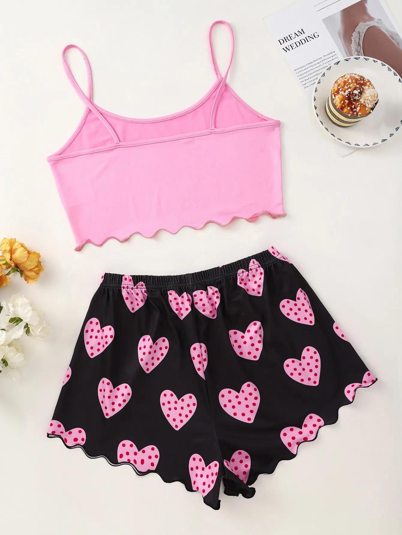 Heart-Shaped Print Halter Tops and Lace Bow Upholstered Shorts Housecoat Pajama Set Fashion Sexy Home Women's Underwear Pajamas