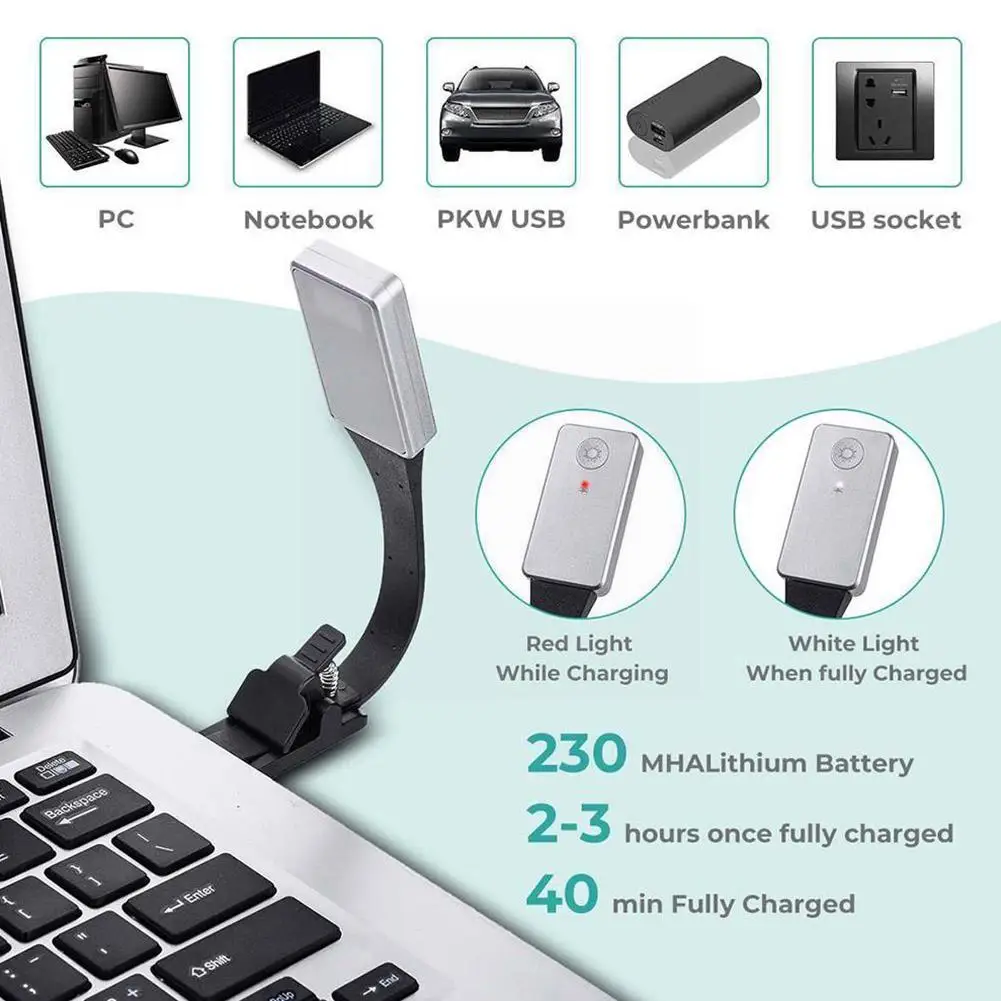 

Led Usb Rechargeable Reading Book Light With Detachable Clip Readers Ebook Portable Light Lamp Flexible Night Bedroom D3i7
