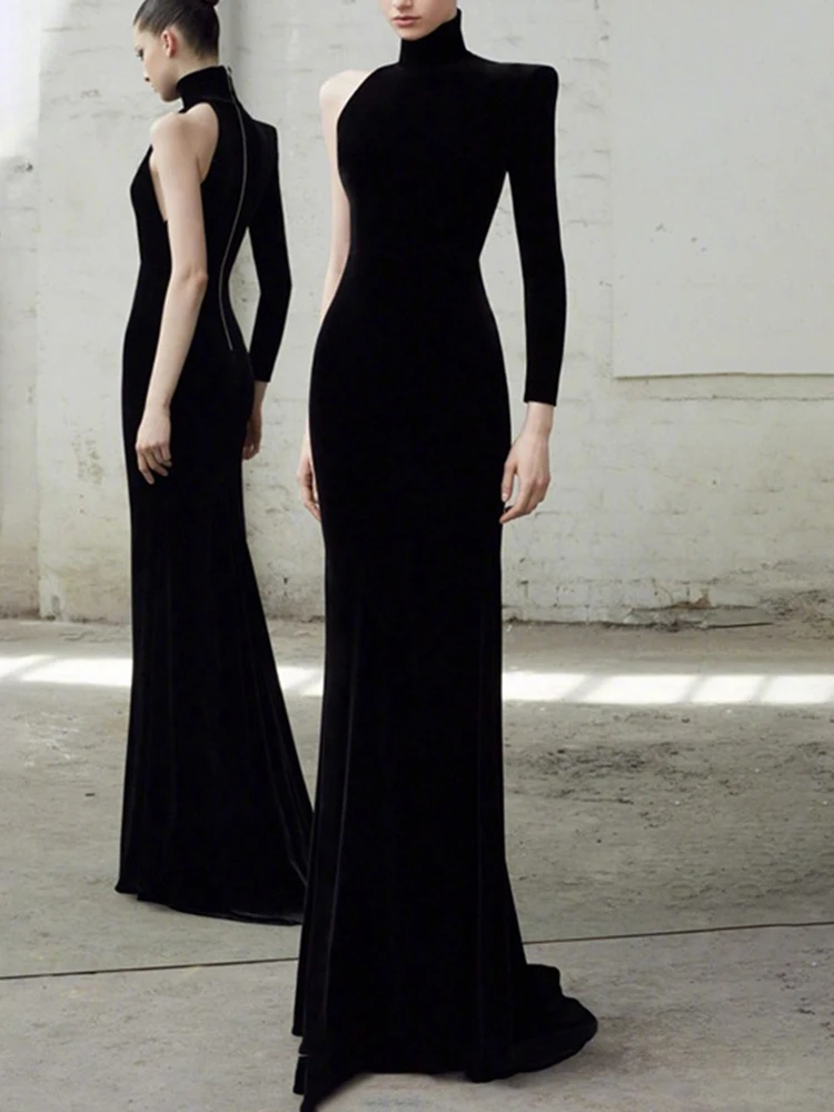 DEAT Элегантное платье асимметричное на одно плечо с высоким воротником