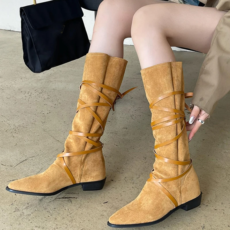 

New 2022 Fashion Cross-tied Women Long Boots Slip On Female Casual Heel Shoes Pointed Toe Elegant Ladies Knee-High Boots