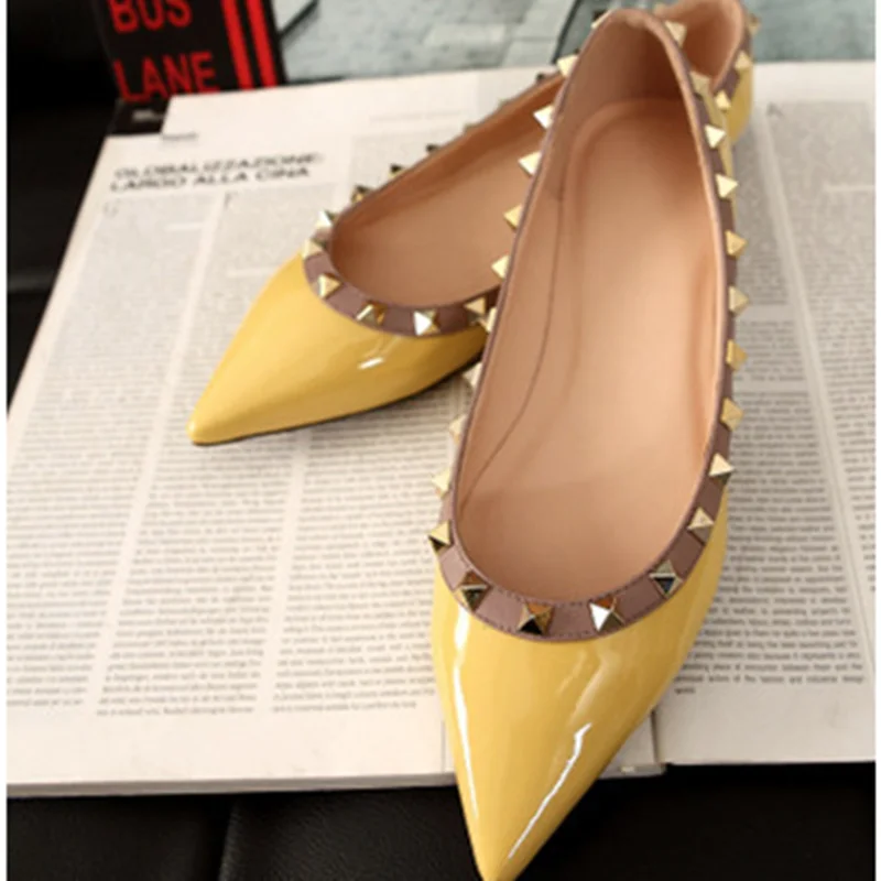 Women British American Styles Fashionable Daily Fashion Show Shoes With Studded Patchwor Patent Leather & Matte Flats Pinted 45