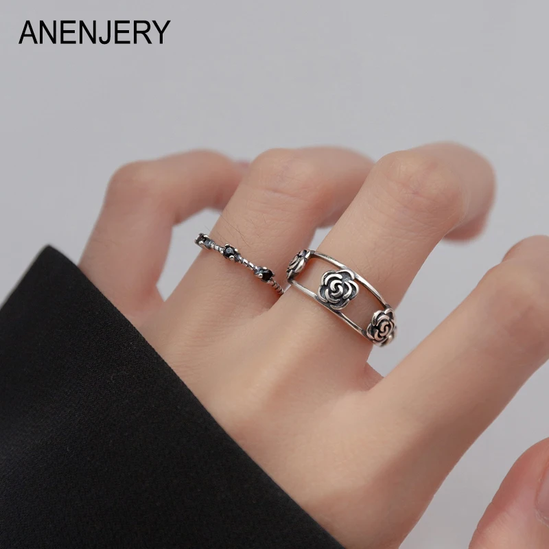 

S925 Rose Flower Open Ring For Women Personality Korea Niche Design Thai Silver Retro Bague Femme Anel Anillo