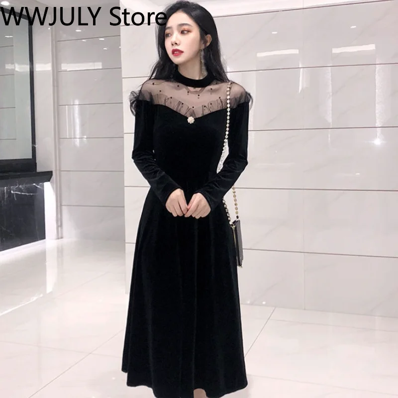 2021 Autumn Vintage Velvet Dress Women Lace Design Black Y2k Midi Long Sleeve Evening Party Korean Fashion | Женская одежда