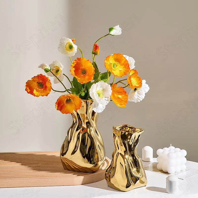 

Origami Bag Decorative Vases Electroplate Silver Gold Abstract Process Ceramic Vase Living Room Decoration Coffee Table Ornament
