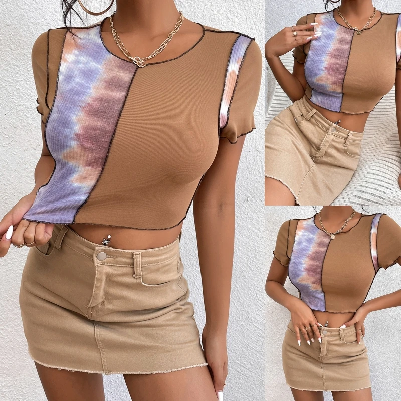 

Women Short Sleeve Ruffle Trim Crop Top Contrast Colored Patchwork Rib T-Shirt