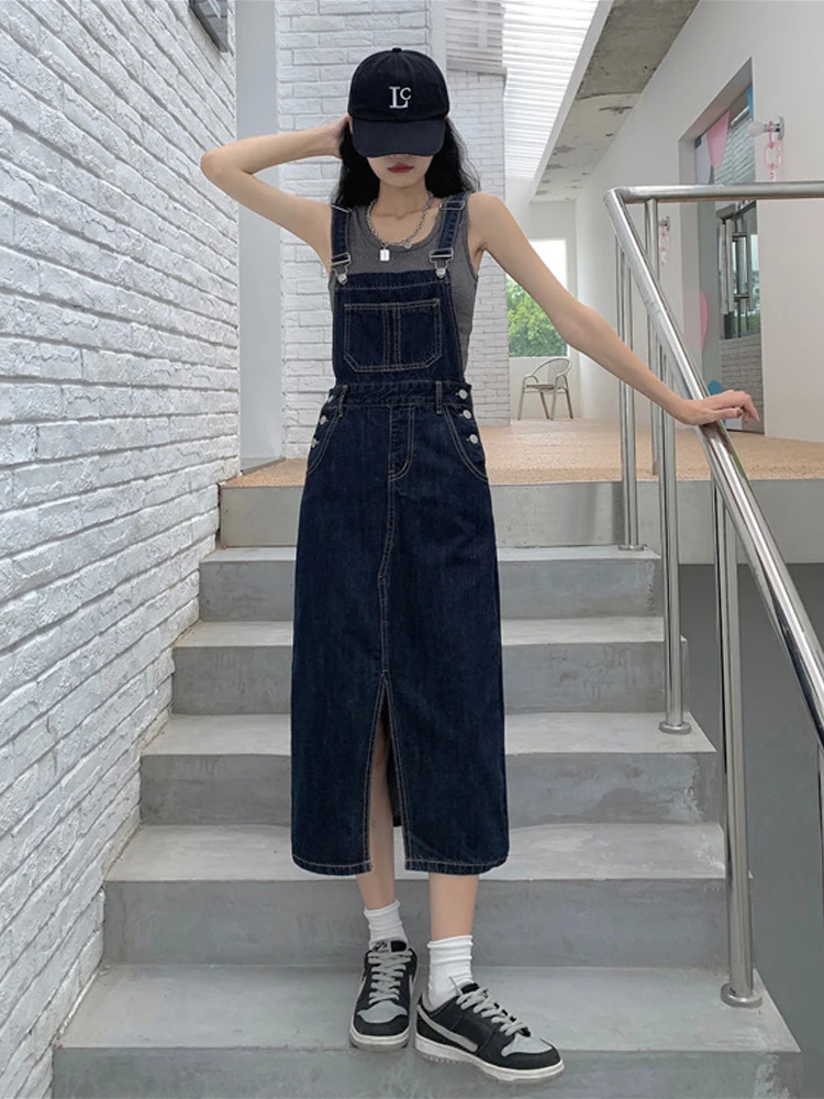 

Denim Dress For Women Navy Blue Sleeveless Strap Dresses Spring Vintage Pocket Slit Mid-Calf Jean Suspender Frock
