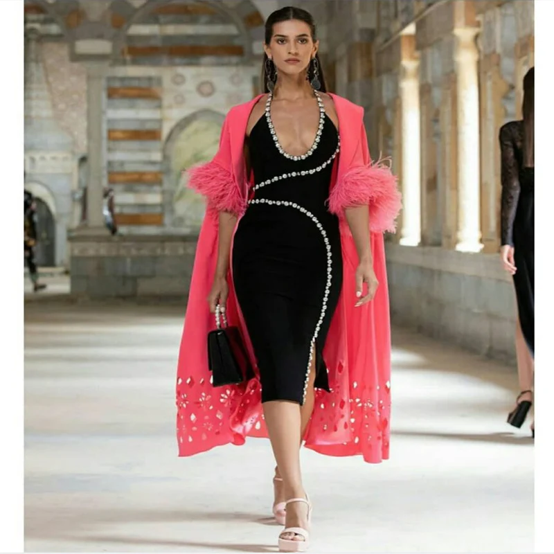 

Wholesale Woman's Black Spaghetti Strap Beaded V Neck Sexy Evening Celebrity Cocktail Party Bandage Dress