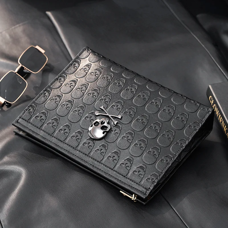 Fashion Rock Style Men's Clutch Bag Embossing Skull Leather Clutch Men Handbags Luxury Business Hand Bag Male Ipad Bag Purse