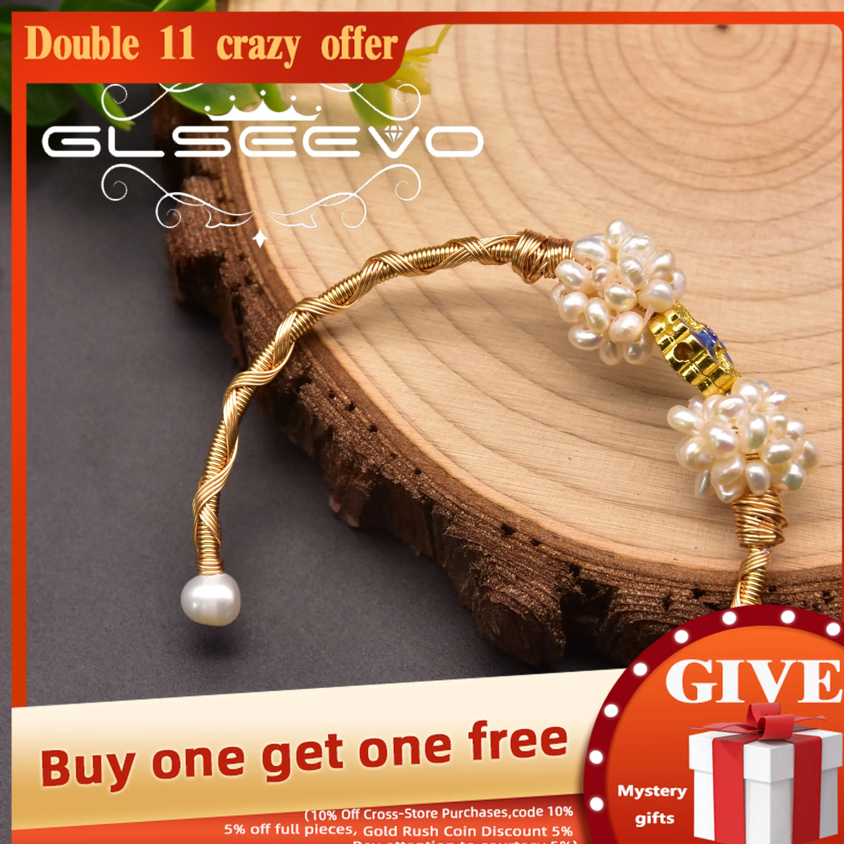 

GLSEEVO Natural Pearl Cloisonne Pearl Ball Brass 18k Gold Plated Open Bracelet Women Party Luxury Exquisite Jewelry GB0959