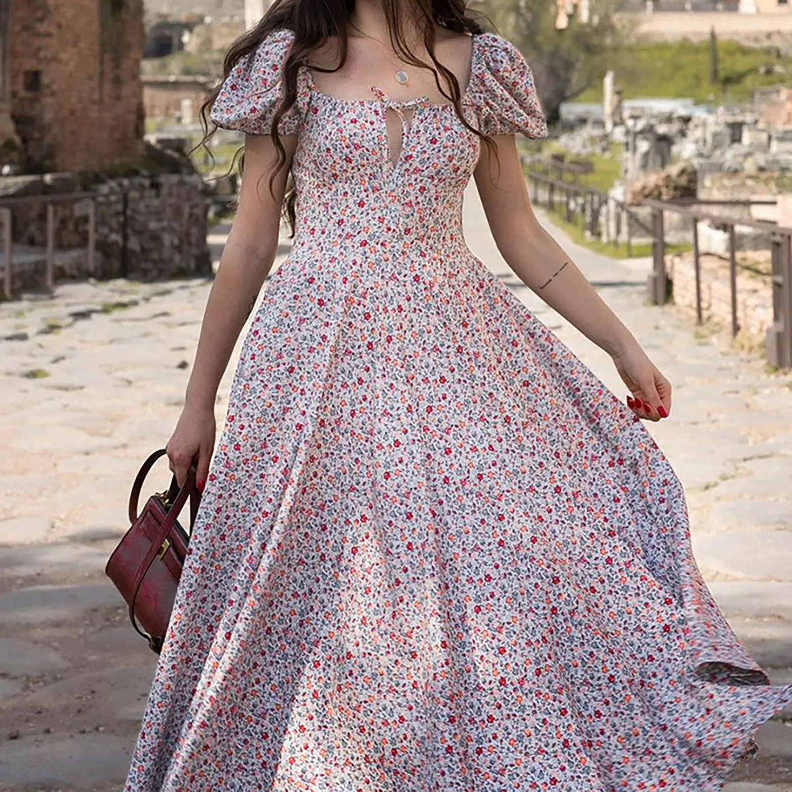 

Женское летнее платье, модные повседневные Соблазнительные длинные платья с квадратным вырезом, высоким разрезом и пышными рукавами для же...