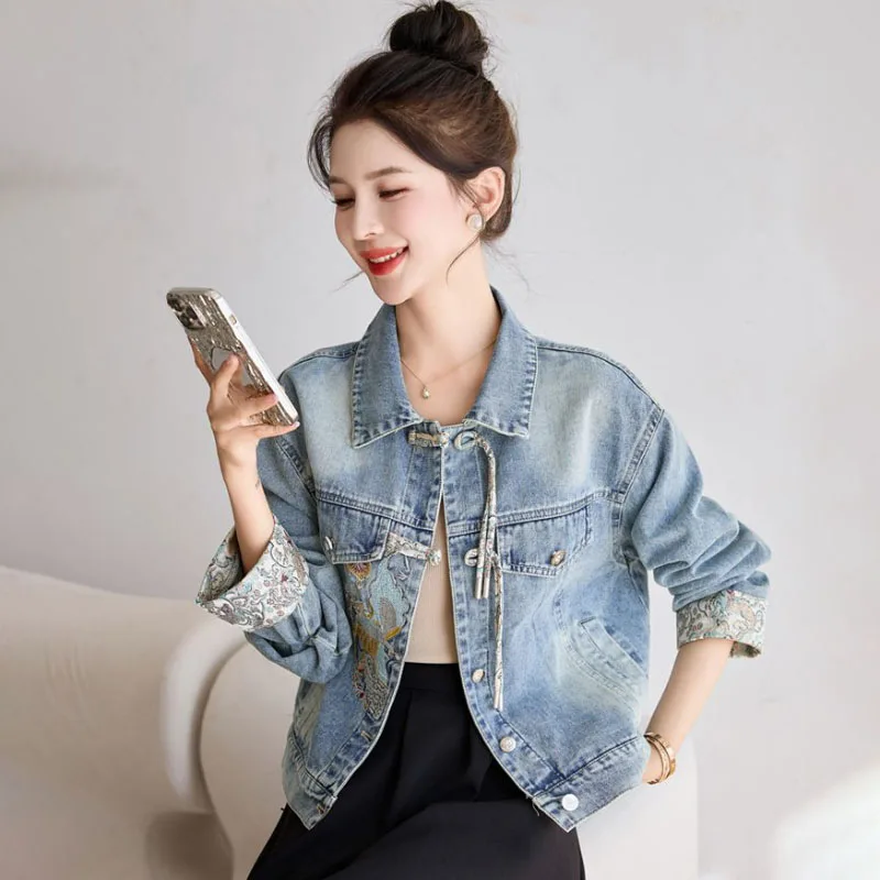Новая джинсовая куртка с китайской вышивкой женская верхняя одежда весна 2024