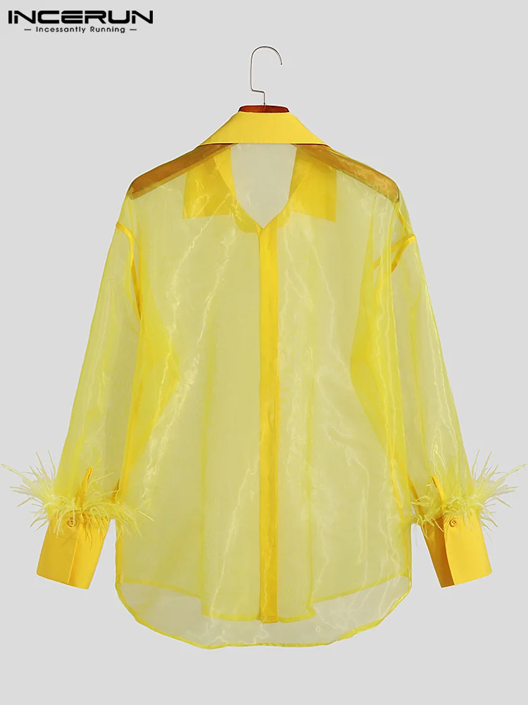 INCERUN Tops 2023 American Style New Men's Cuff Feather Stitching Blouse Fashion Male See-through Long Sleeve Lapel Shirts S-5XL