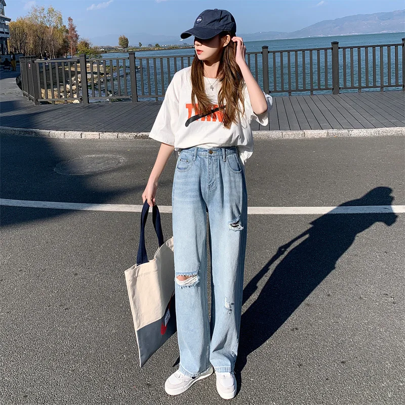 Loose wild wide-leg pants 2023 spring and summer new Korean fashion straight trousers high waist ripped jeans women