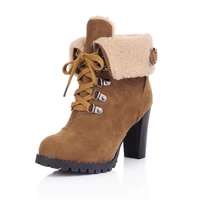 new winter fur suede boots warm shoes for women lacing round toe high heels ankle boots female buckle big size 43