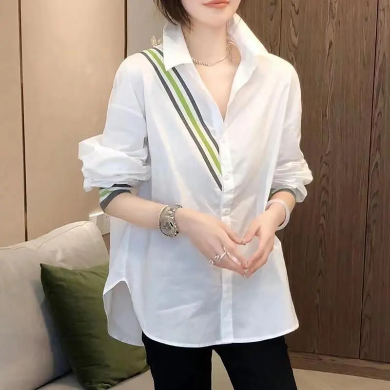 

Korean Simple Striped Print Oversized Streetwear Irregular Tunic Tops Blouses for Women Casual Long Sleeve Button Shirts Clothes
