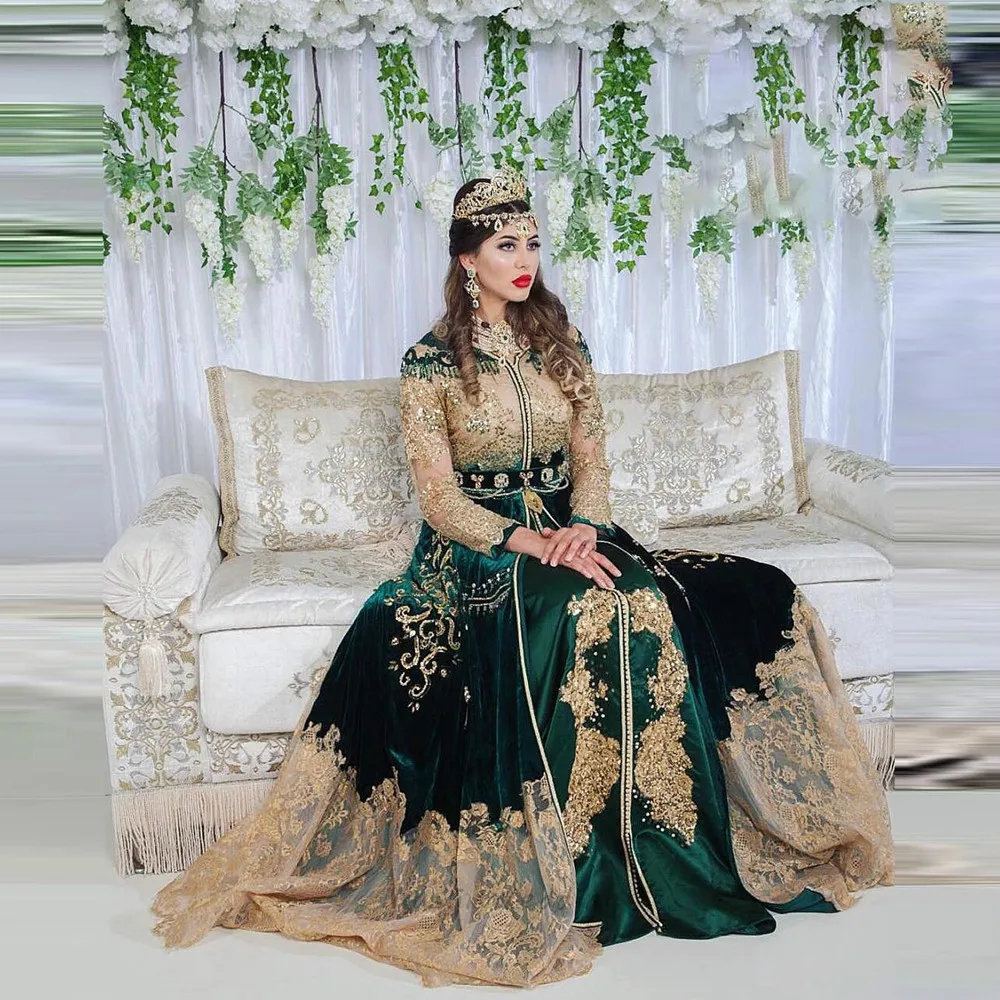 

Luxury Moroccan Kaftan Green Formal Evening Dresses A-line Long Sleeve Crystals Beaded Arabic Dubai Abaya Vestido de Novia
