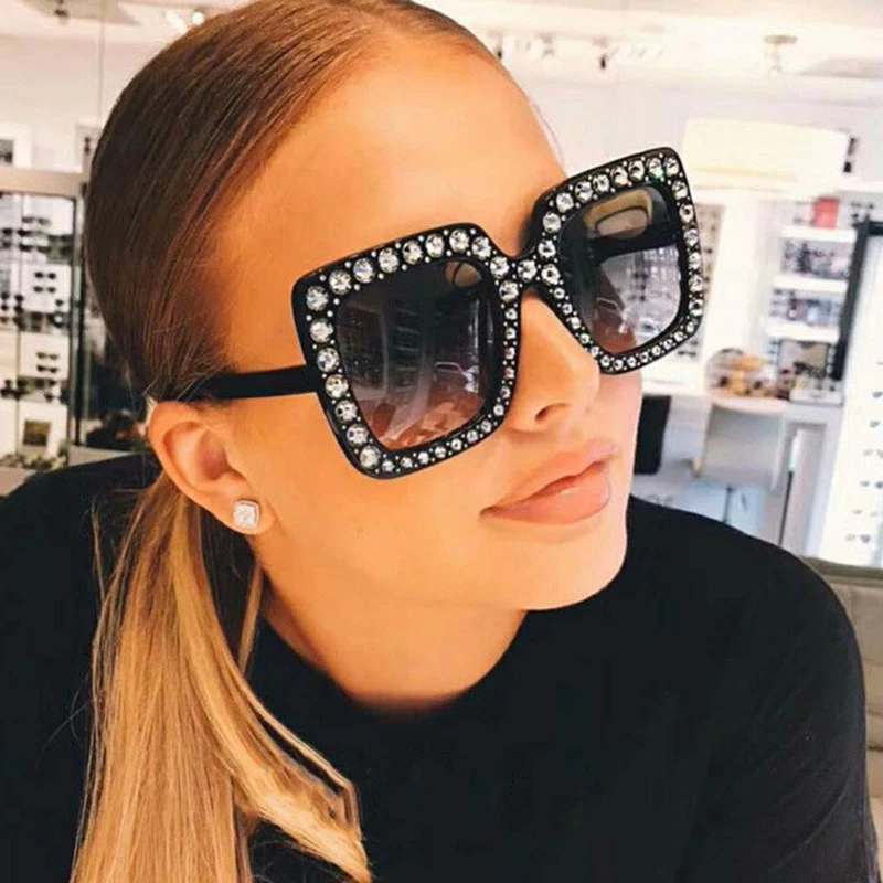 

Oversized Rhinestone Sunglasses Women Luxury Brand Crystal Square Diamond Sunglasses Female Mirror Purple Pink Shades Eyeglasses