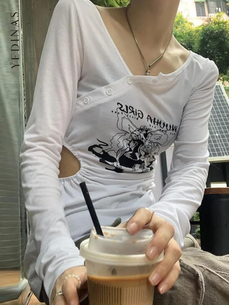 

Yedinas, уникальный дизайн, футболки с вырезами и графическим принтом, женская одежда, Асимметричная футболка с длинным рукавом, гранж, в эстети...