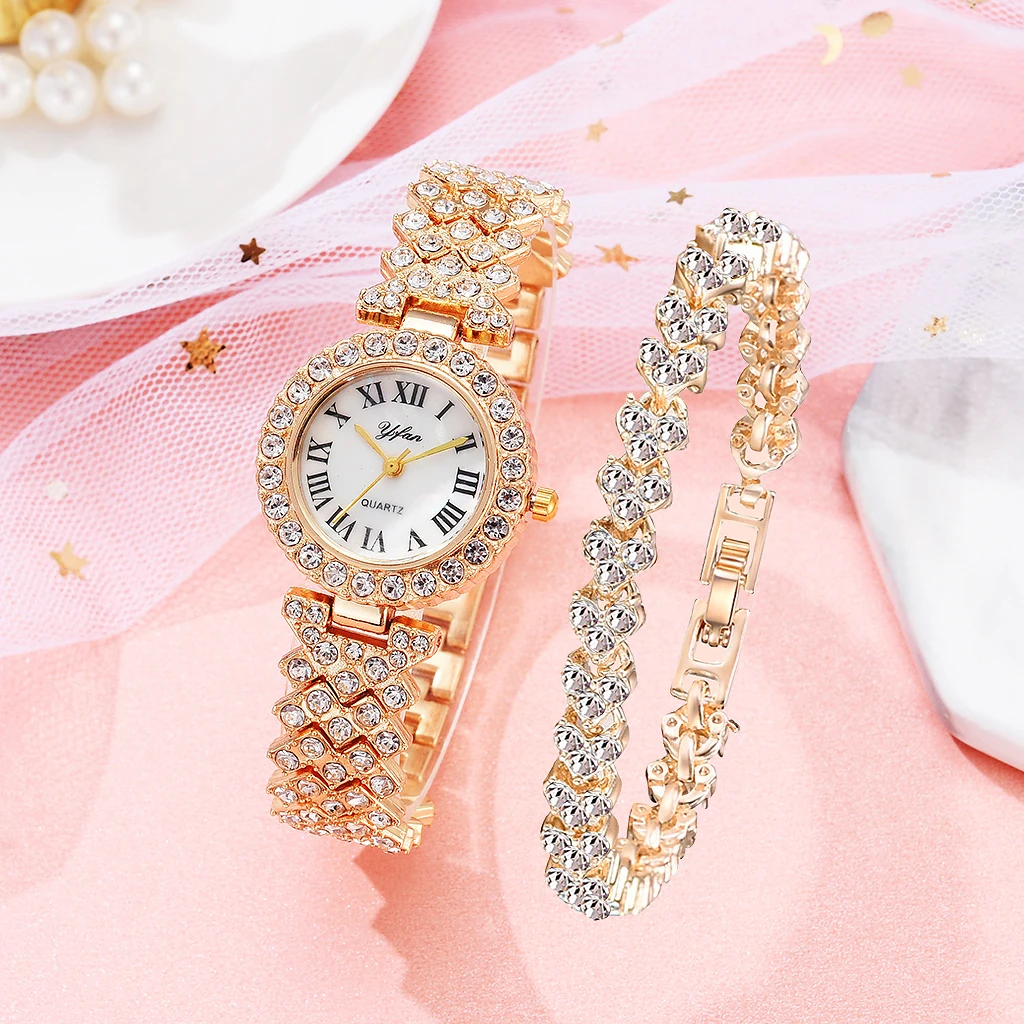 

2pcs Luxury Women Rose Gold Watch Fashion Ladies Quartz Diamond Wristwatch Elegant Female Bracelet Watches Reloj Mujer