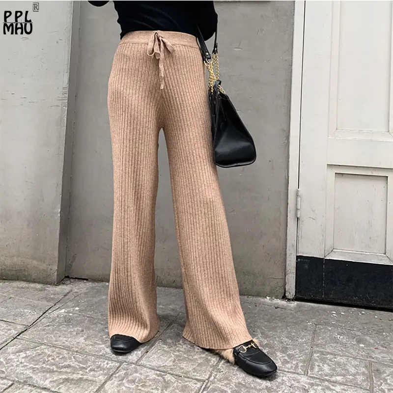 Casual Drawstring High Waist Stretch Baggy Trousers Elegant Spring Pantalones De Mujer Mom Thin Knitted Wide Leg Pants Women