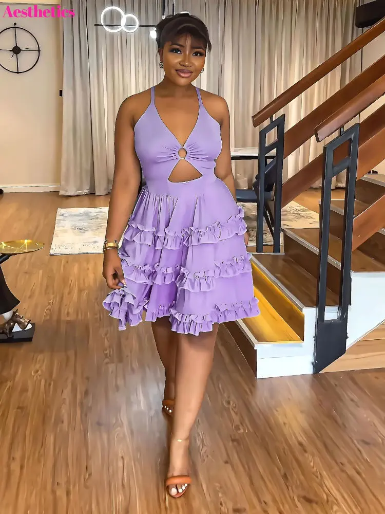 

2023 Women Strap V Neck Cutout Front Edible Tree Fungus Backless Big Swing Dress Summer Sexy Party Even Street Vestidos Dresses