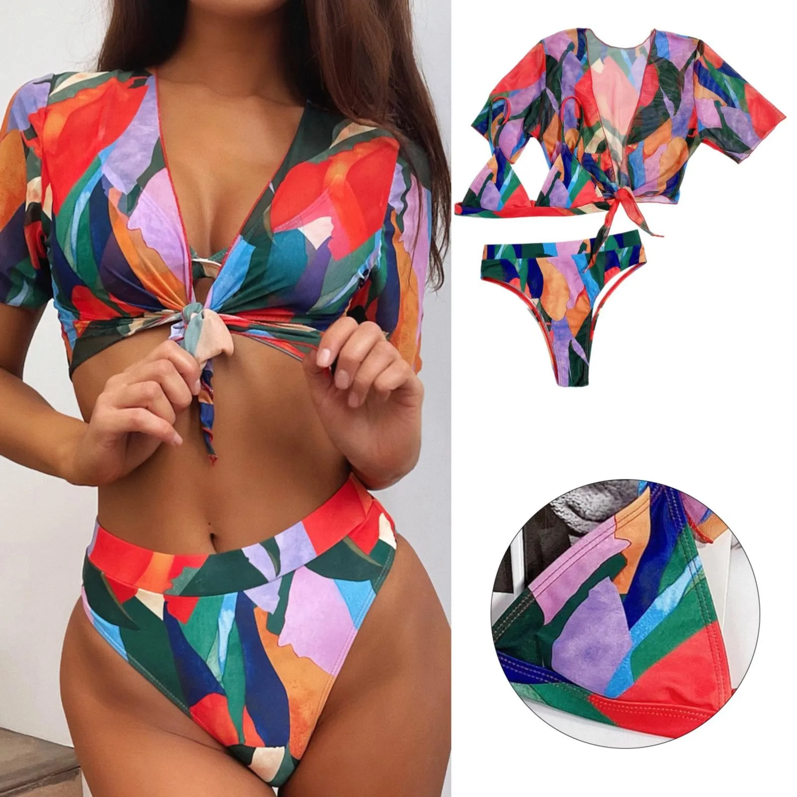 

Костюм для плавания из трех предметов, Женский раздельный купальный костюм с принтом, женские шорты для плавания, 2x подростковые купальные ...