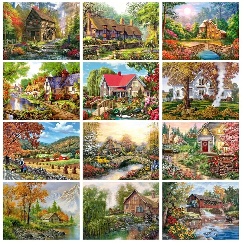 

RUOPOTY Oil Painting By Numbers On Canvas Countryside Scenery For Adults Coloring By Numbers Handicrafts Wooden House Paint Kit