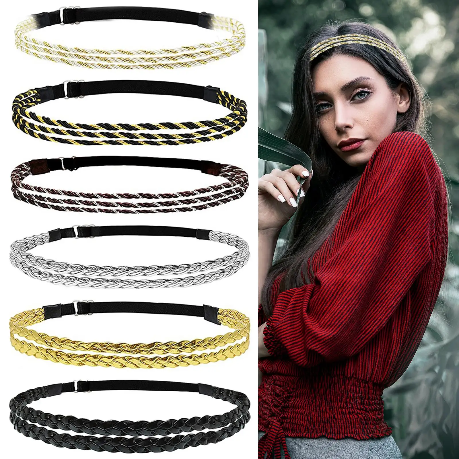 

6 Pieces Braided Headbands Hippie Stretchy Double Triple Strand No Slip Adjustable Hair Band for Lady Unisex Girl Teens Running