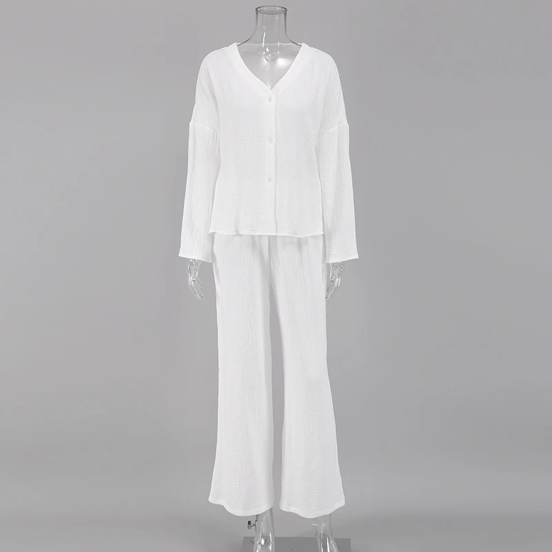 6 Color Cotton Sleepwear V Neck Single Breasted Wide Leg Pants Trouser Suits Long Sleeves Pajama Sets Woman 2 Pieces Loungewear