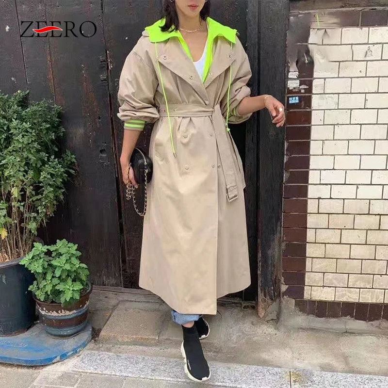 Korean Spring Hooded Loose Women Long Trench Coat Fluorescent Green Hit Color Khaki Overcoat Female Sashes Maxi Coat Windbreaker