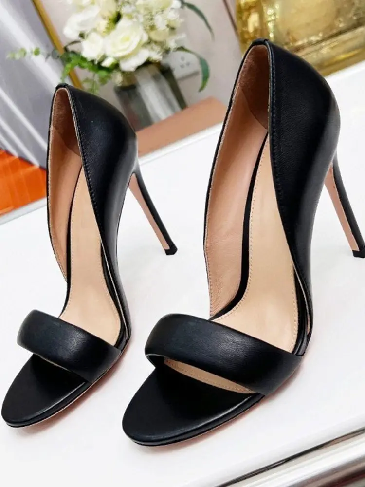 

2022 Concise Sandals Black Gold Apricot Leather Cover Heel Open Toe One Word Thin High Heel Solid Fashion Shoes Slip On Pumps