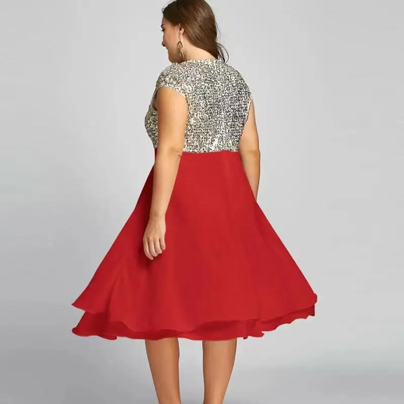 Plus Size 5XL Women's Cothing Summer Sexy Fashion Chiffon Sequin Shiny Party Princess Dress Patchwork Layerd Sleeveless Sundress