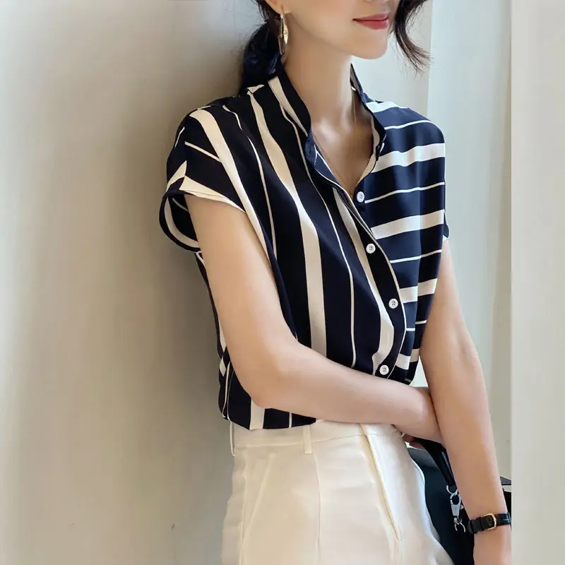 Summer Fashion Short Sleeve Striped Printed Shirt Ladies Loose Casual All-match New Chiffon Blouse Women Top Female Clothes enlarge