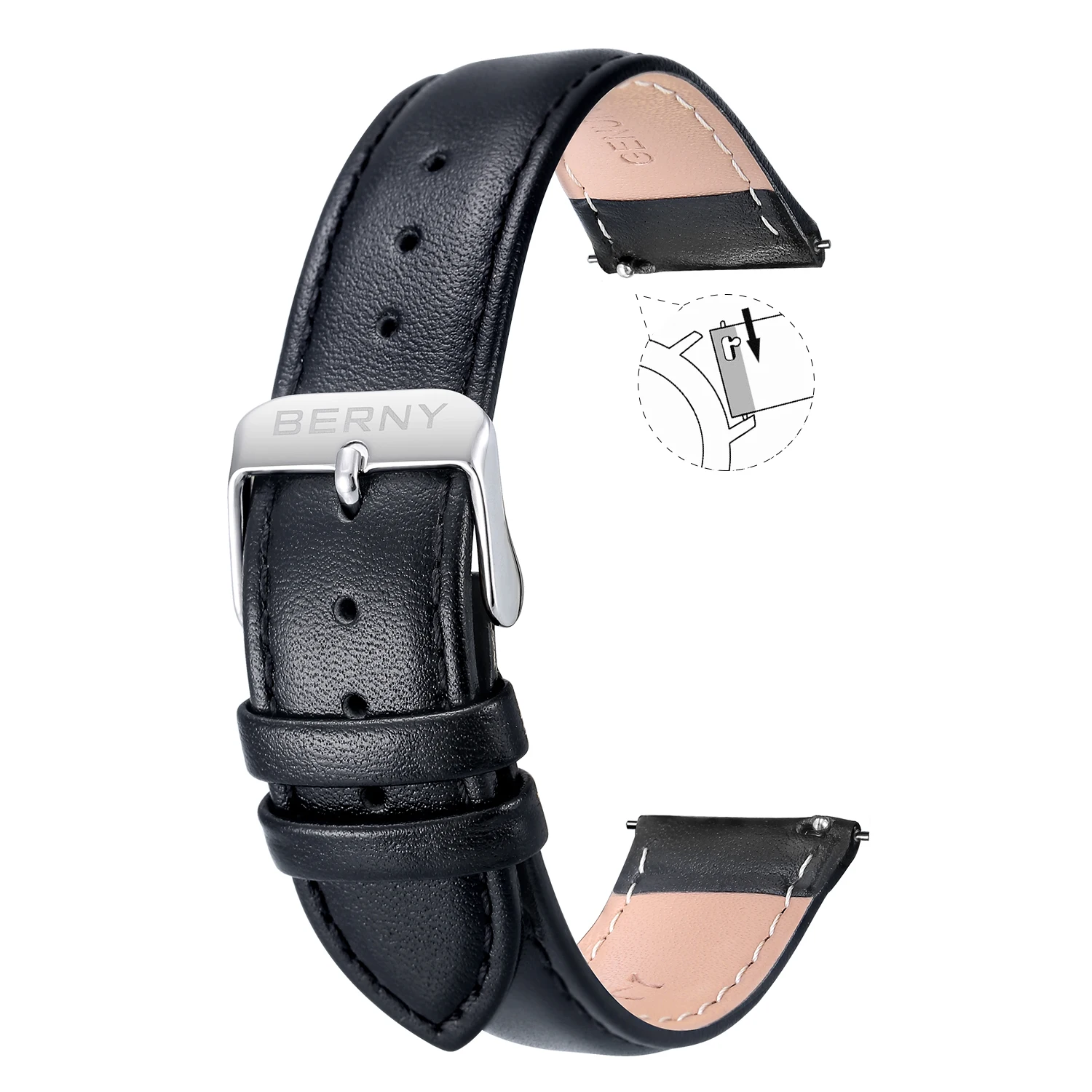 BERNY Genuine Leather Watchband Quick Release Soft Calfskin Strap Black Bracelet Replacement Watch Accessories Width 16-24mm