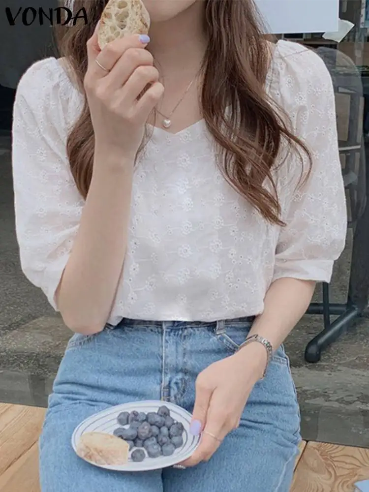 

Женские белые рубашки с V-образным вырезом 2022 VONDA, винтажная кружевная блузка с коротким рукавом, женская блузка из чистого хлопка, женская б...