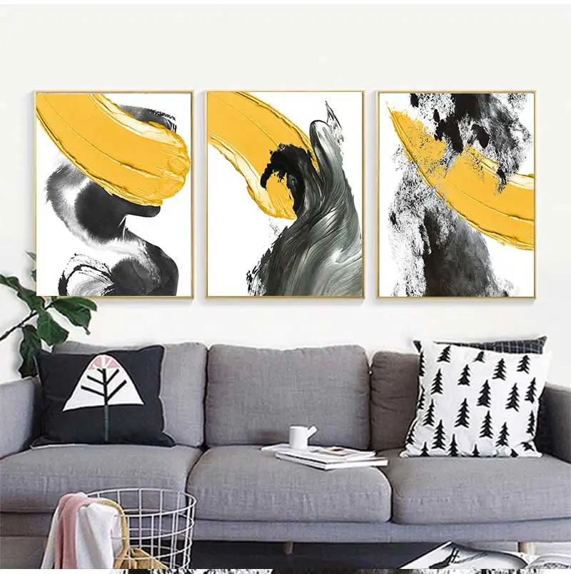 Абстрактная желтая с черной росписью напечатанная на холсте Скандинавская