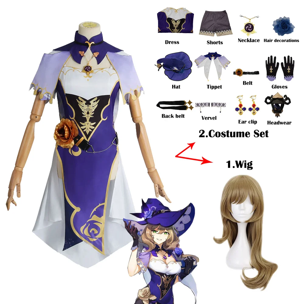 

Костюм для косплея минси из игры «геншин ударлиза», комплект с париком, ведьма фиолетовой розы, реквизит из аниме «библиотеарь» для ролевых ...