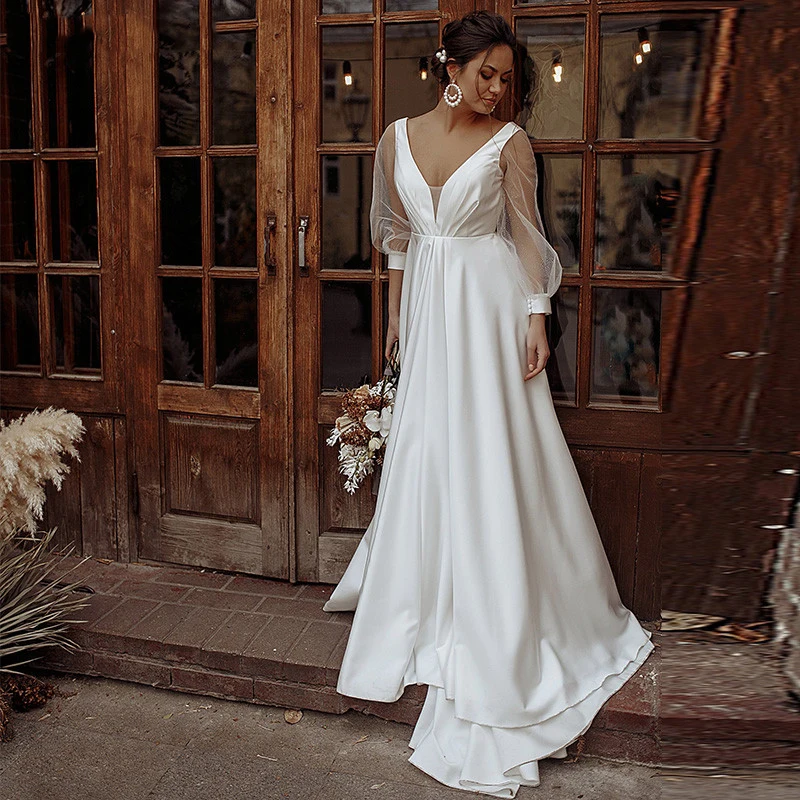 

Sexy Deep V-Neck Backless Beach Wedding Dress Sheer Puffy Sleeves Country Satin Ruched Bride Gown Robe De Mariée Wedding Gown