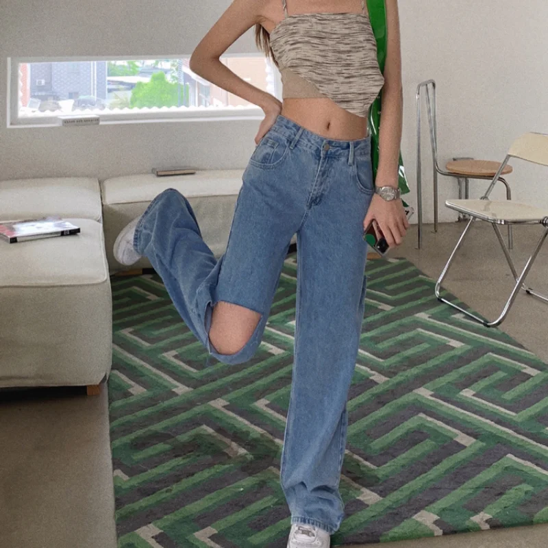Female Washed Blue Jean Trousers y2k Women Street Style Casual Loose Straight Denim Pants Classic High Waist Ripped Hole Jeans
