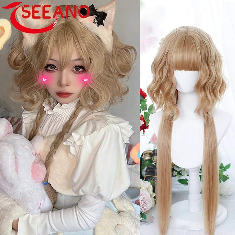 

SEEANO 75cm Synthetic Long Wavy Curly Cosplay Wig With Bang White Blonde Cute Lolita Wig Women Halloween Cosplay Wig Female