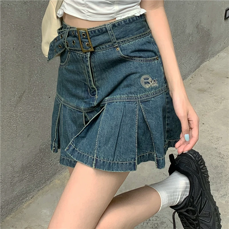 Y2K Women Korean Fashion Kawaii Retro Vintage Harajuku Mini Denim Skirt 2000s Gothic Grunge Jeans Alt Pleated Skirts Emo Clothes