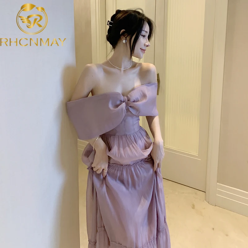 

Women's Sweet Sexy Big Bowknot Chest Wrapping Long Dresses Summer 2022 Lady Graceful Evening Party Gown Romantic Purple Dress