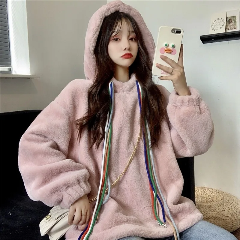 Lamb wool Hoodie female Korean version autumn and winter lazy wind loose thickened cashmere Hoodie