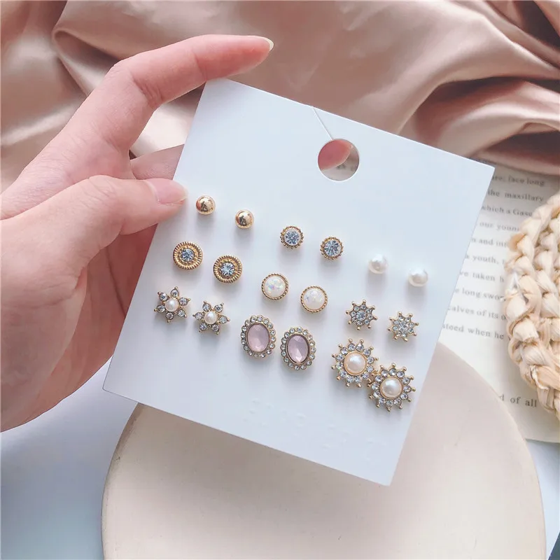 

Charmsmic 9 Pairs/Set Round Oval Rhinestone Stud Earring Sets For Women Female Delicate Crystal Sun Star Design Ear Jewelry