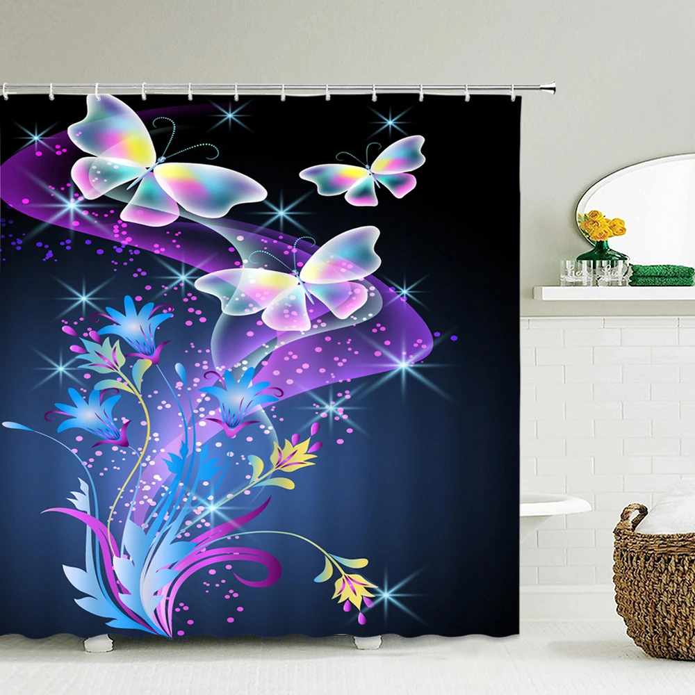 

Водонепроницаемая тканевая занавеска для душа, занавеска для ванной с 3D рисунком бабочек и красивых цветов, домашний декор