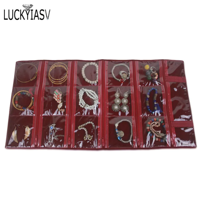 Travel Jewelry Case Roll Bag Organizer for Necklace Bracelet Earrings Ring 15/31/40/56 Zipped Grids with PVC Cover Burgundy