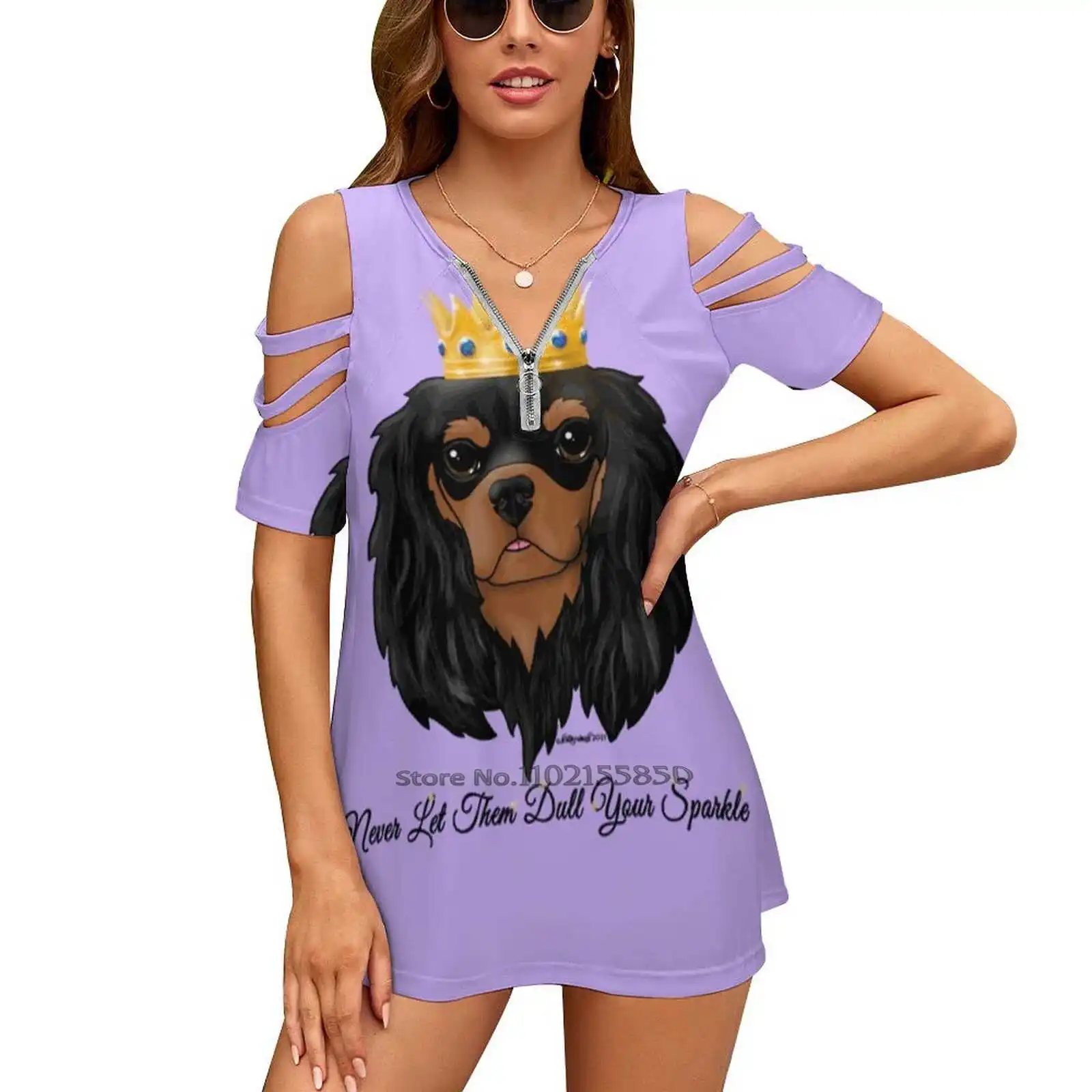 

Black & Tan Cavalier Never Let Them Dull Your Sparkle Women V Neck T-Shirt Casual Sexy T Shirts Hollow Out Zipper Pullover Top
