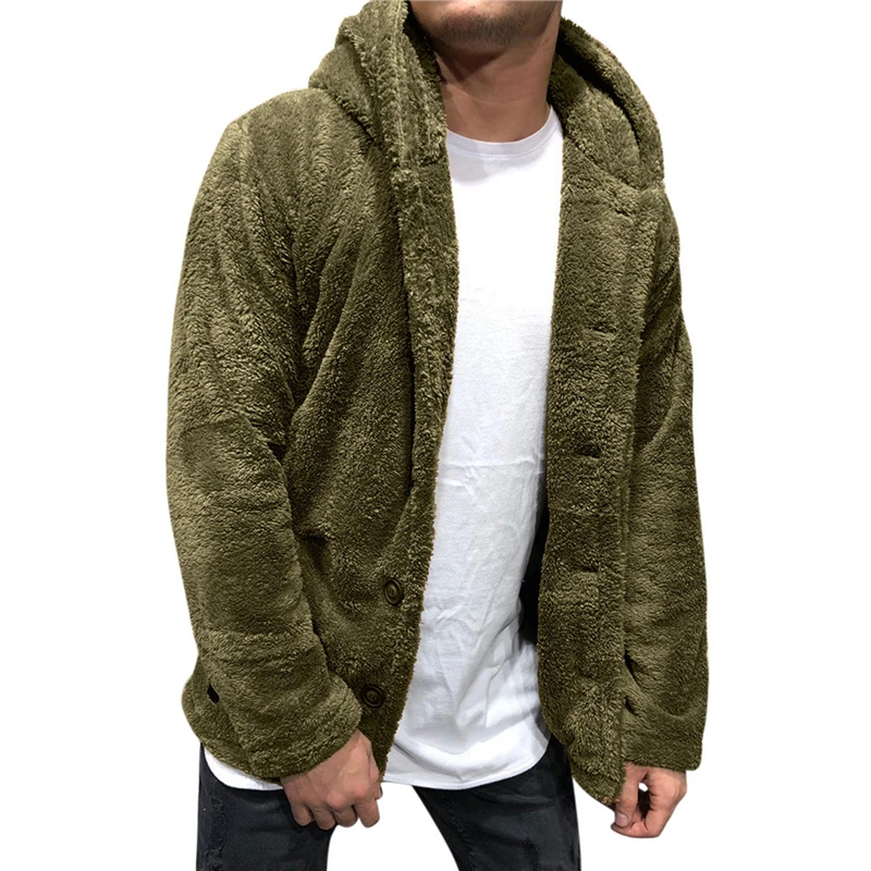

Mens Buttons Coat Plush Hoodie Fluffy Fleece Fur Jacket Hoodies Coat Outerwear Warm Faux Fur Winter Casual Loose Double-Sided