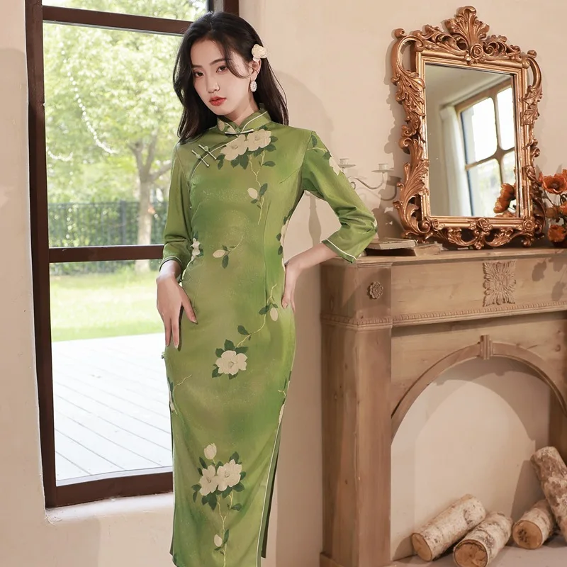 

Весенне-осенний пикантный китайский женский халат с принтом семь точек элегантный Мандариновый воротник