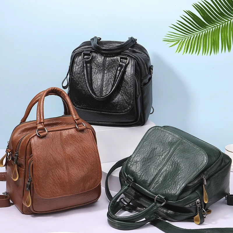 

Fashion Vintage Multifunctional Backpack Women Soft Leather Handbags Solid Color Soft Leather Shoulder Bags Casual Travel Bags